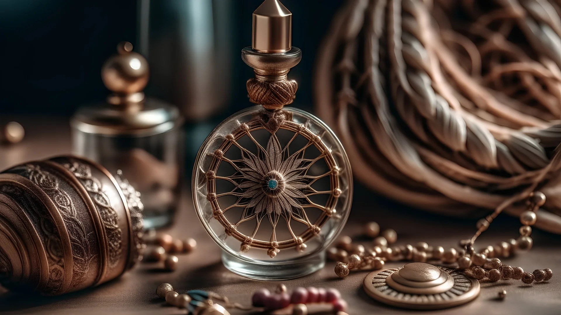 generate me an aesthetic complete image of Perfume Bottle with Bohemian Dreamcatcher