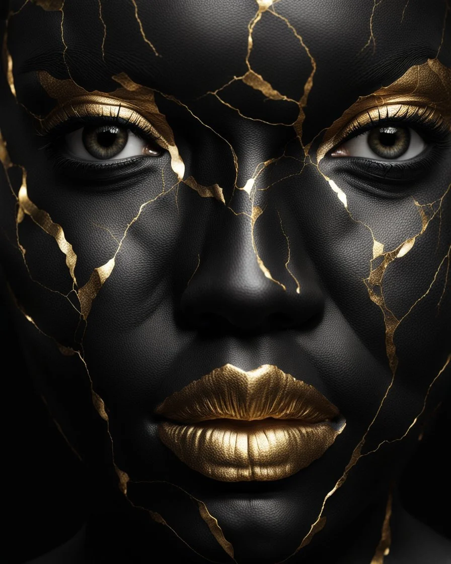 a beautiful black woman face made of kintsugi seam, photo realistic, 16K