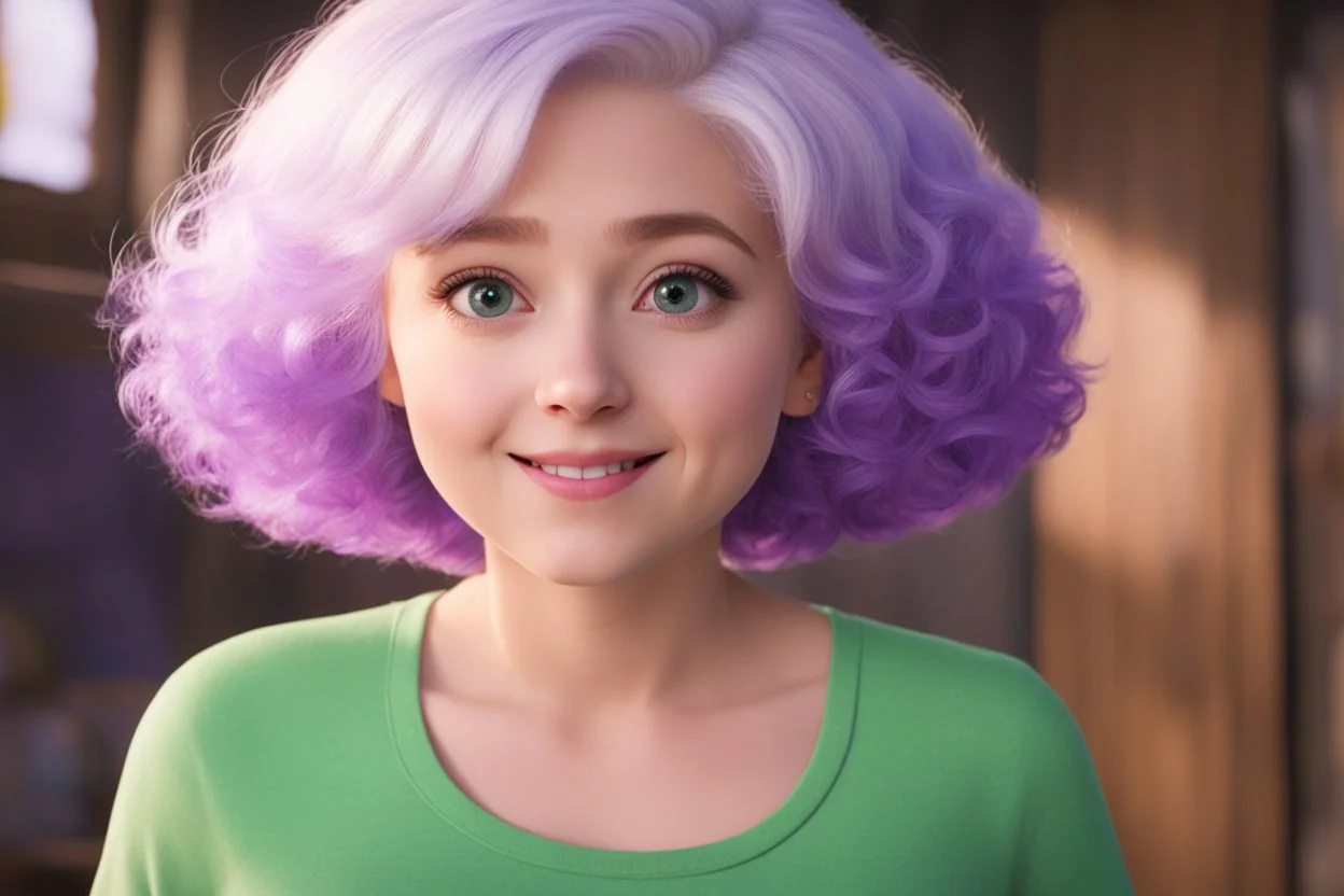 a woman in a green shirt posing for a photo, sitcom screenshot,white hair, violet, curly and short top hair, she is about 1 6 years old, scandinavian, cute pixar character, gwyn, ellie victoria gale, with arms up, huge adorable eyes, inspired by Maude Kaufman Eggemeyer, super, junk yard, 2013, side profile view, slightly covered in clear slim, beutiful, iowa, flirty, facing the camera,1girl,{masterpiece},cthulhu mythos,cosmic horror,darkness,octopus,monster girl,alien girl,jellyfish