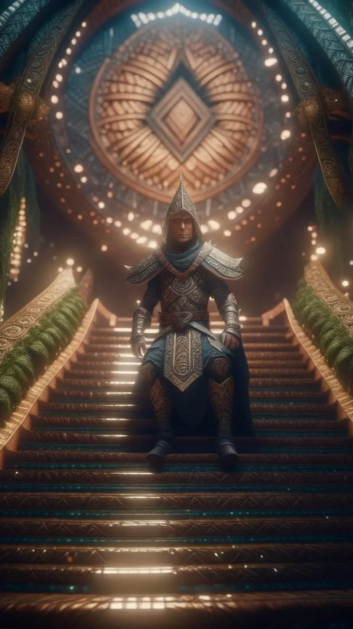 close up portrait of a happy blessed ancient magical king soldier standing on a throne in a space alien mega structure with stairs and bridges woven into a sacred geometry knitted tapestry in the middle of lush magic forest, bokeh like f/0.8, tilt-shift lens 8k, high detail, smooth render, down-light, unreal engine, prize winning