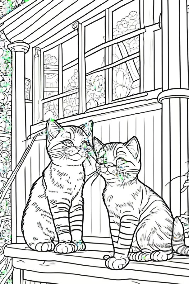 coloring page for kids, Cats on the porch, cartoon style, thick lines, low detail, no shading