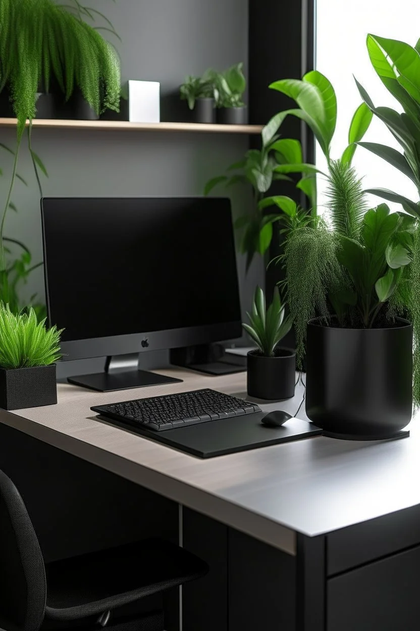 Office Black desk with pc with plants