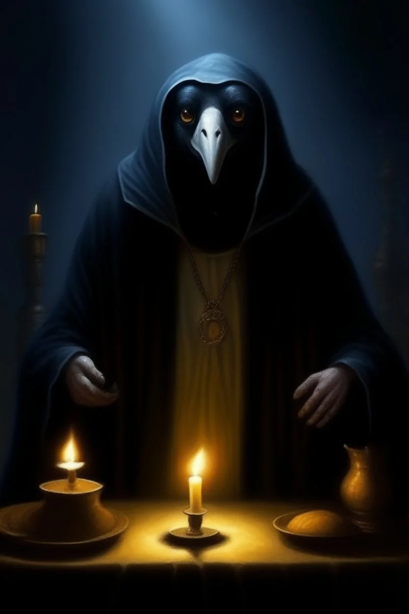 1970's dark fantasy cover dnd style oil painting frontal webcam picture of pengu the penguin, slave owner dark lord. dark mist and candle lights. Gold coins. gringots bank.