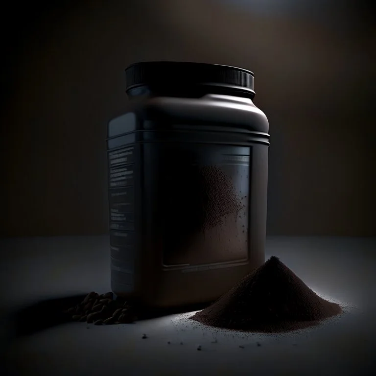 Realistic photograph of a dark studio with a container for protein powder. High resolution.