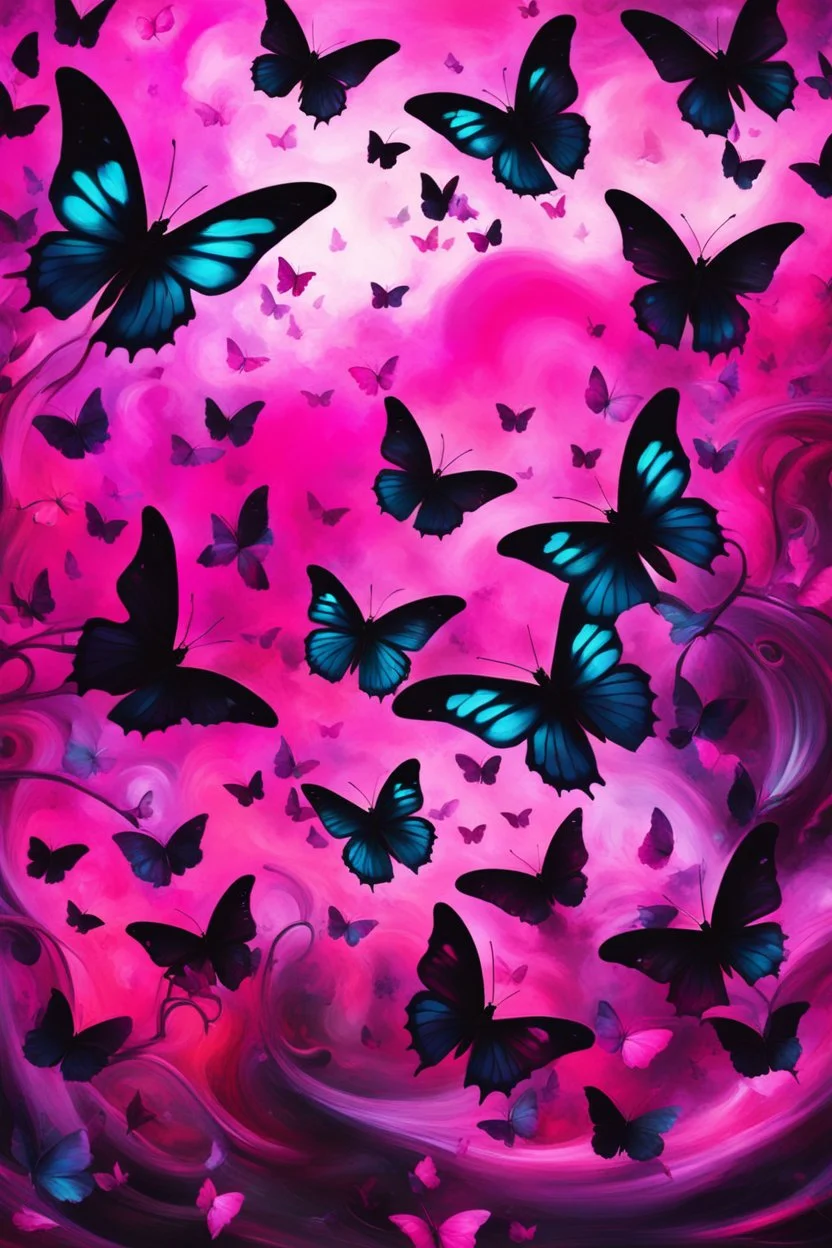vibrant psychedelic oil painting image, airbrush, 64k, cartoon art image of background HOT PINK and BLACK BUTTERFLIES with music notes , futurism style