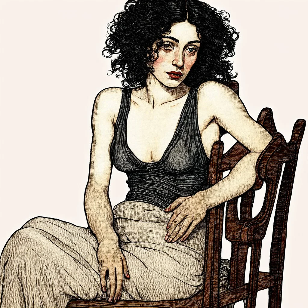 Breathtaking arab 30 years old woman with pale skin she is sitting on an old chair and has a tiny tanktop from the waist up, she has long black curly hair, petite figure, wide hips, prominent nose, thick lips, she has just been slapped around, by Egon Schiele, gustave dore, david mann, retro vintage style, hd photography, hyperrealism, graphite pencil drawing, realistic, natural, b&w illustration, fine art, beautiful watercolor painting, realistic, detailed, by olga shvartsur, svetlana novikova