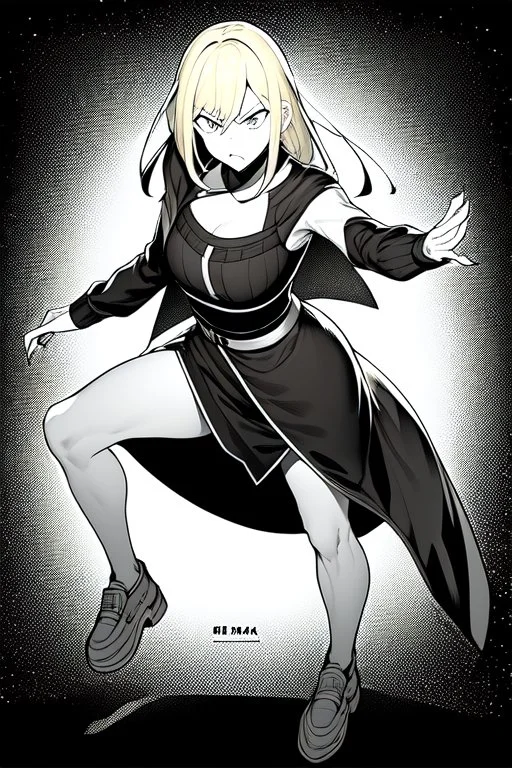 angry blonde girl, pose, full body, greyscale