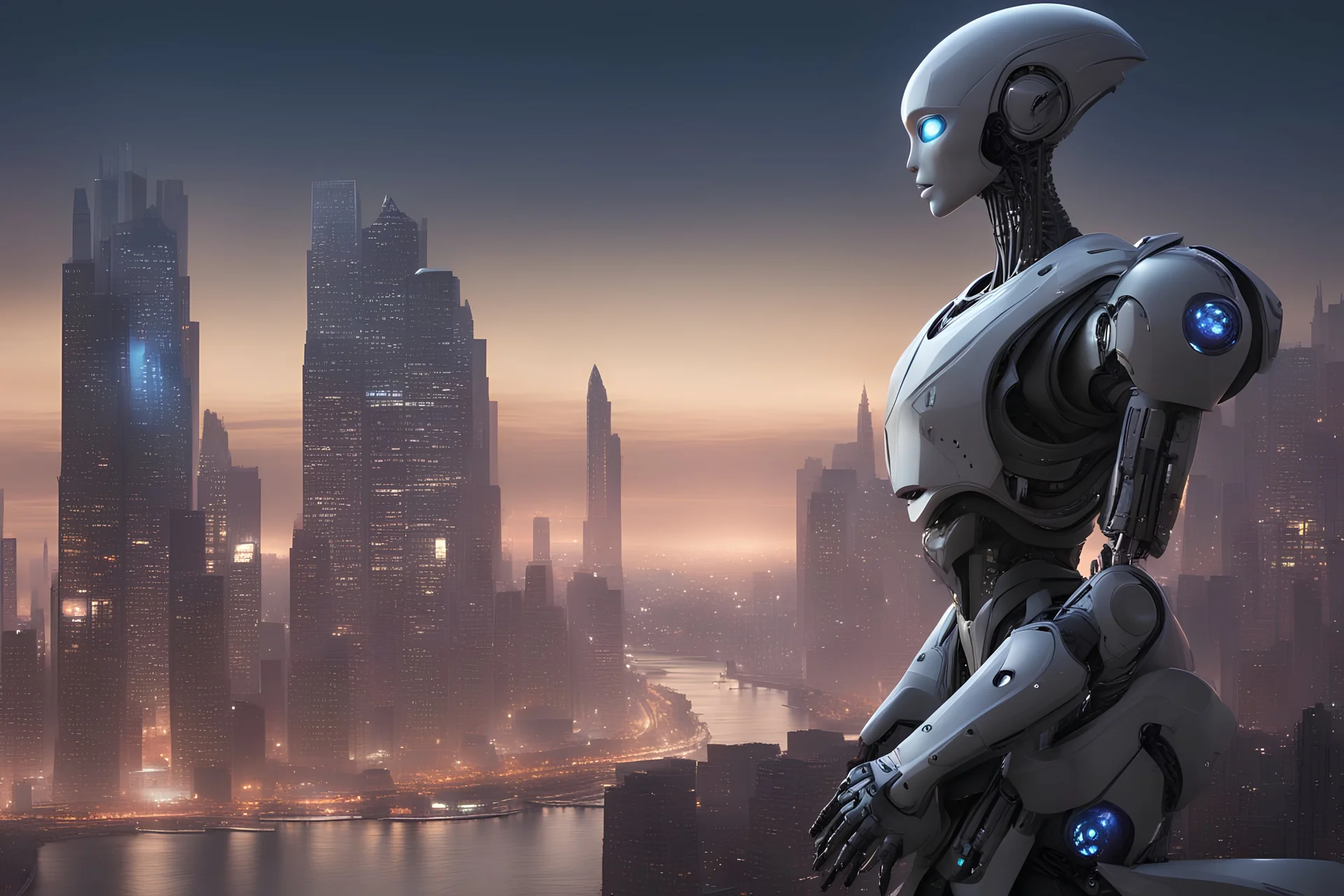 Humanoid robot looking out over an alien city skyline at dusk