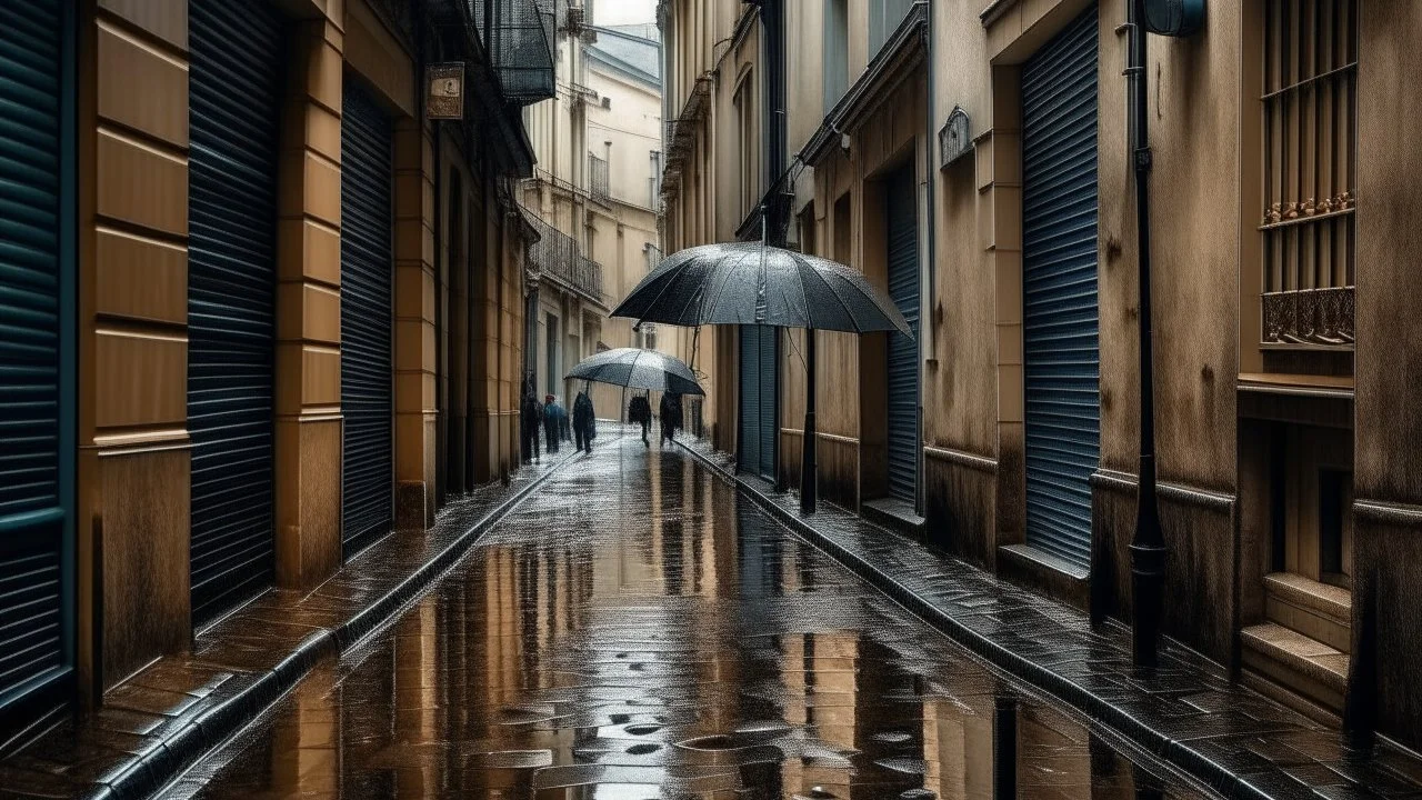 Rainy day on a narrow street, open umbrellas, puddles reflecting the gray sky, whispers of passing strangers.