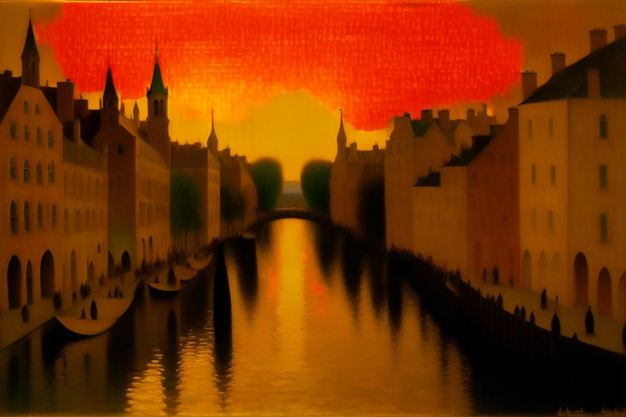 An orangish golden metropolis painted by Georges Seurat