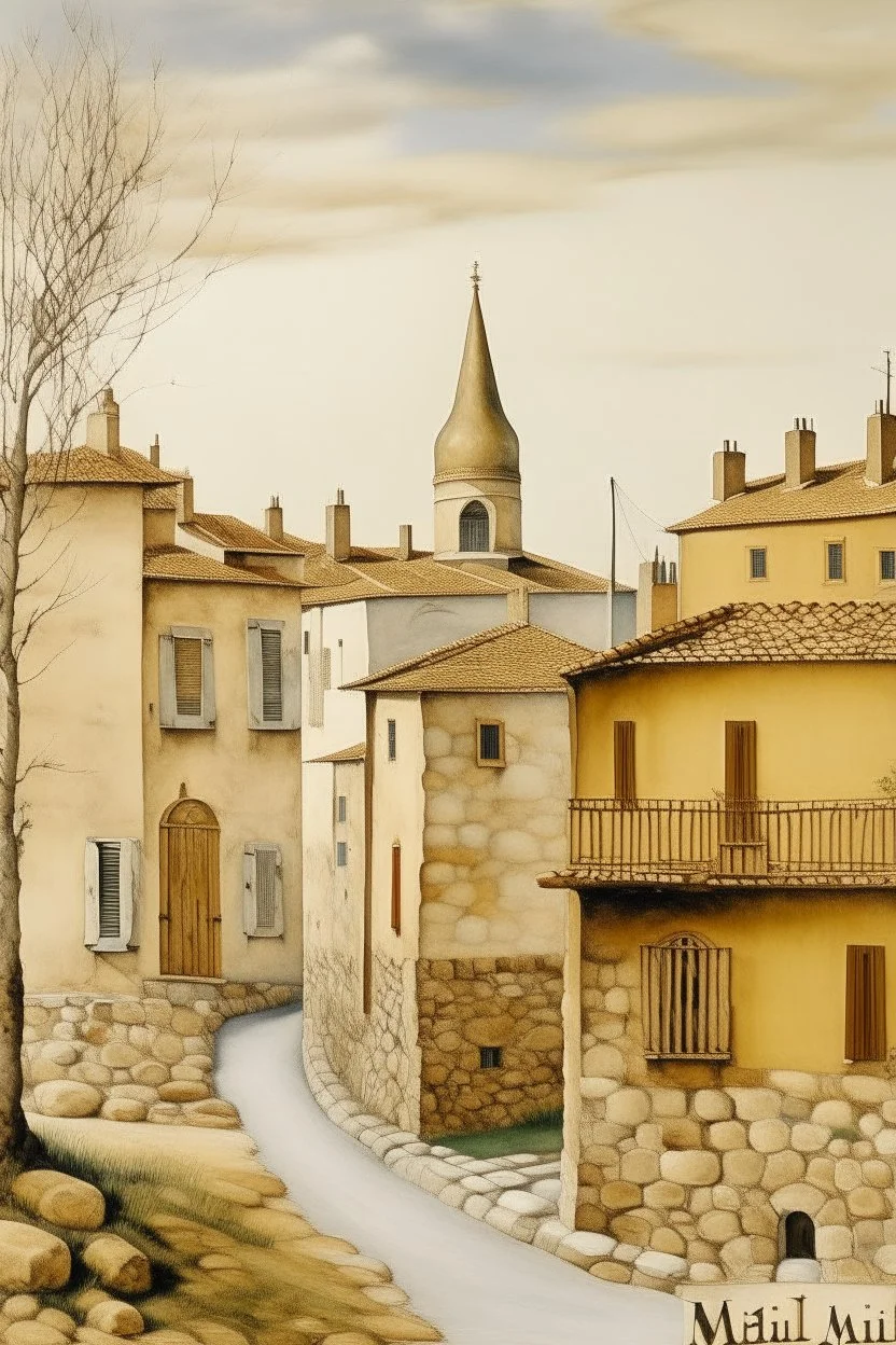 A tan stone nation with block shaped buildings painted by Maurice Utrillo