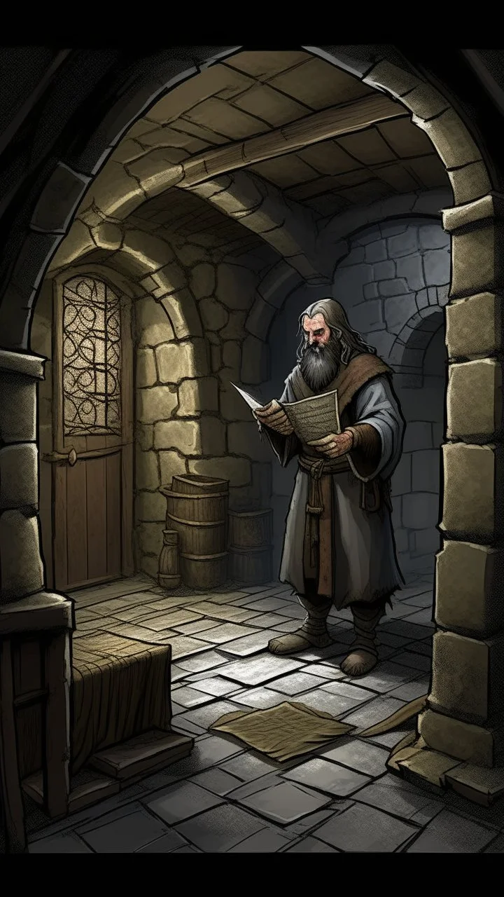 An abandoned prison cell with door open ,cavernous depths of the cellar beneath Blackwood Manor , where flickering torches cast eerie shadows across the damp stone walls. As he explores, he uncovers ancient artifacts and relics, each one hinting at a dark and mysterious past.a prisoner with a long gray hair and beard laying on the floor on a old Ruth map