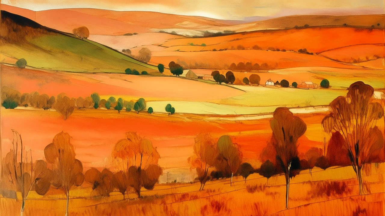 Light rosy orange colored oracle farmlands with orchards painted by Edgar Degas