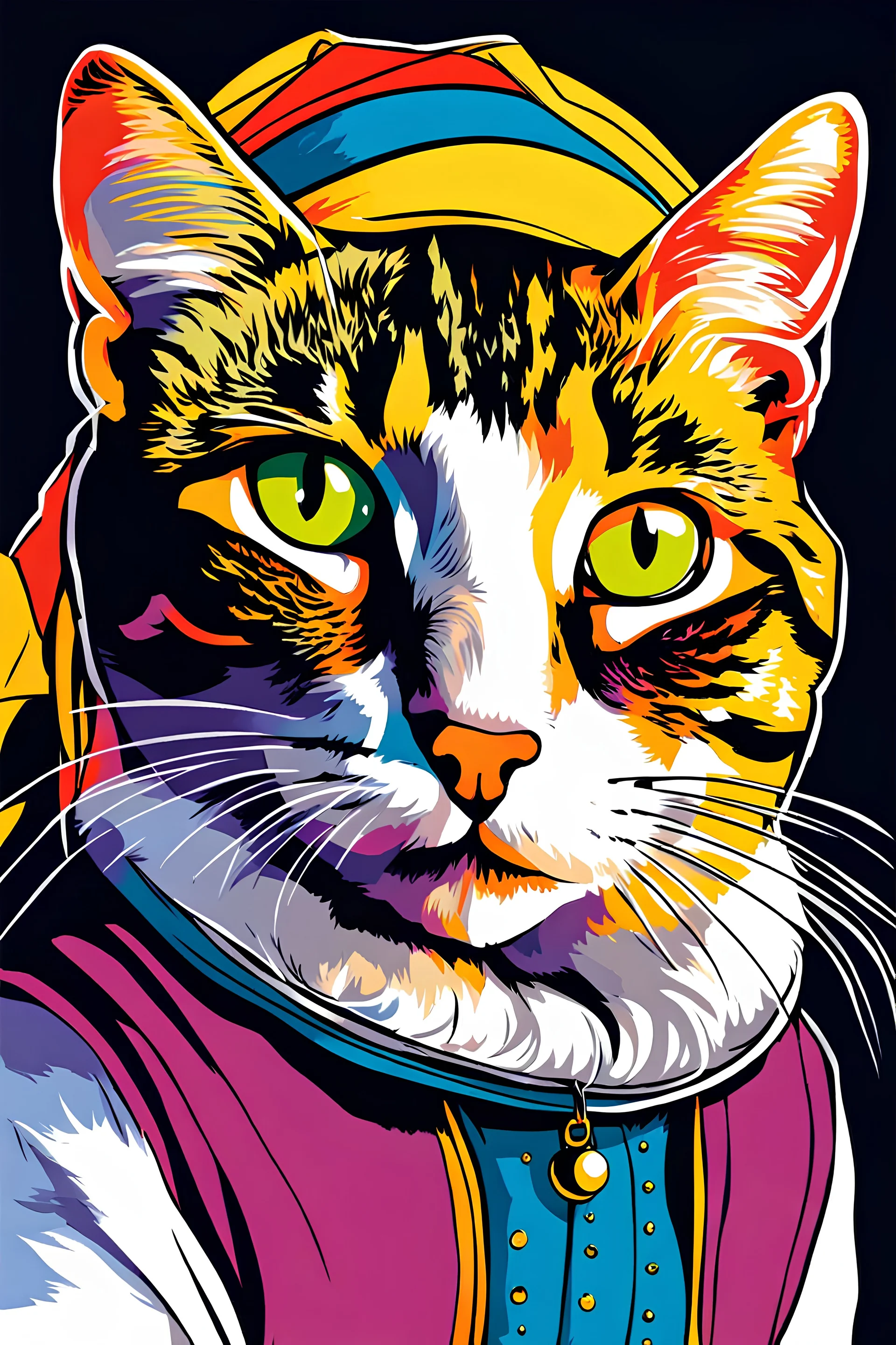 the Cat with a Pearl Earring, ink drawing, colourful, triadic colours, award winning, crisp quality, simple comic style, sharp focus