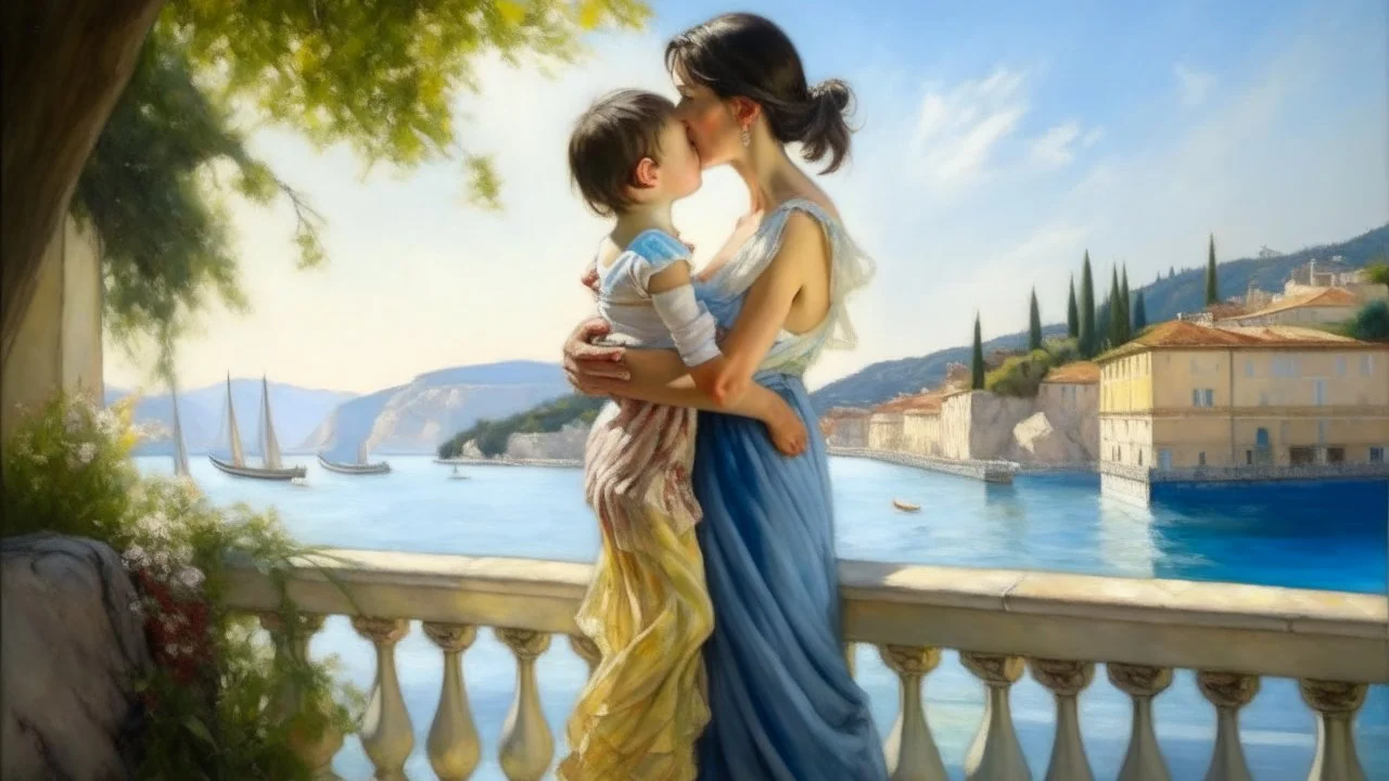 Neoclassicism mother giving child a kiss whole body zoom out realistic cote d'azur painting from the back