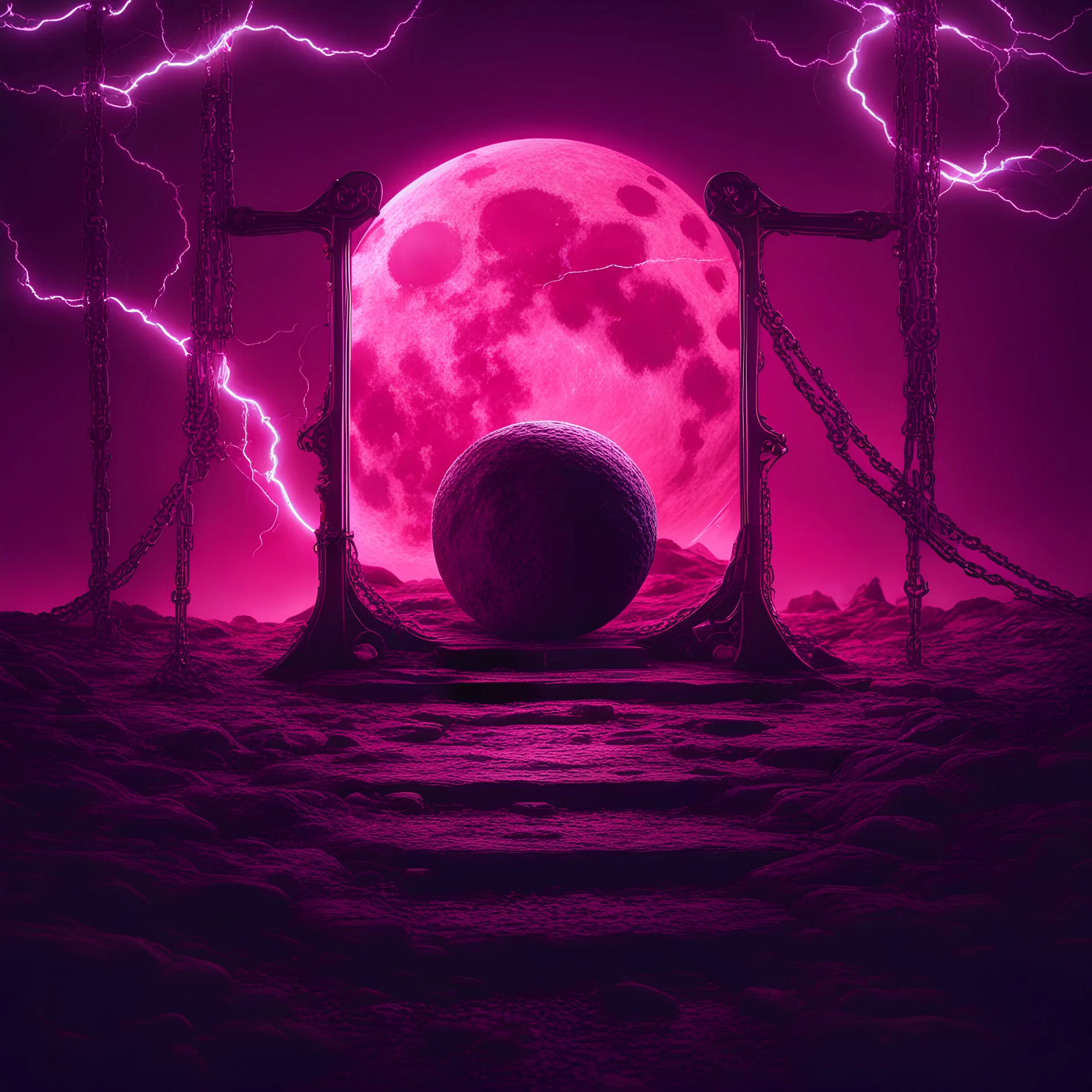 A realistic moon in a glowing dark pink landscape, 4k, heavy lightning, chains on the ground, a broken mirror