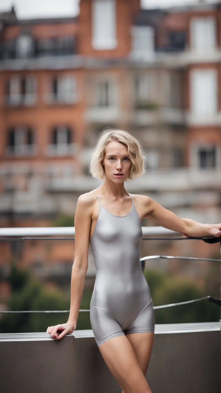 beautiful anorexic young woman, total shot, silver triathlon swimsuit, short blond wavy bob hair, blurred city background