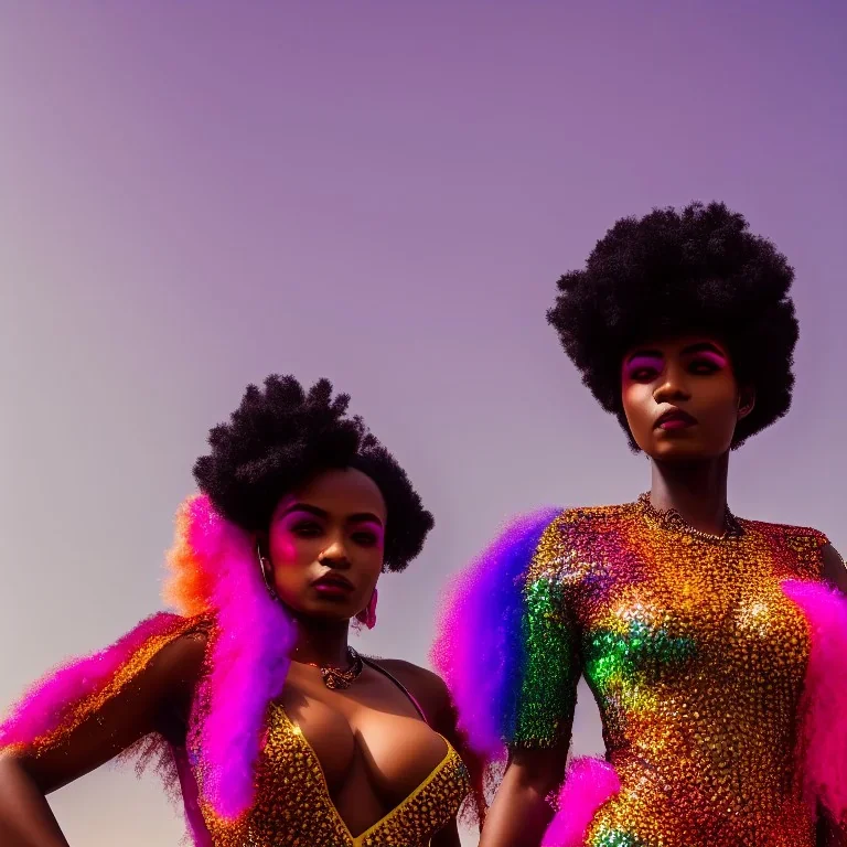 full body shot, masterpiece, best quality, family of three, dark skinned, sparkling eyes, fluorescent skin, colorful makeup, afro, highly detailed body, afrofuturism, scifi, sun light, 4K, RAW, depth of field, high contrast, realistic details, 24mm