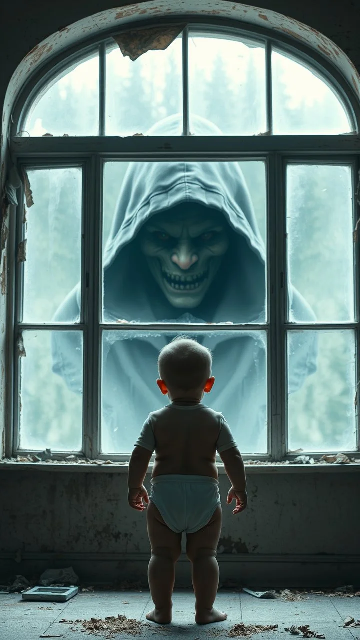 A baby standing in front of a big window in an abandoned damaged room, behind the window a face of an scary ugly hooded creature