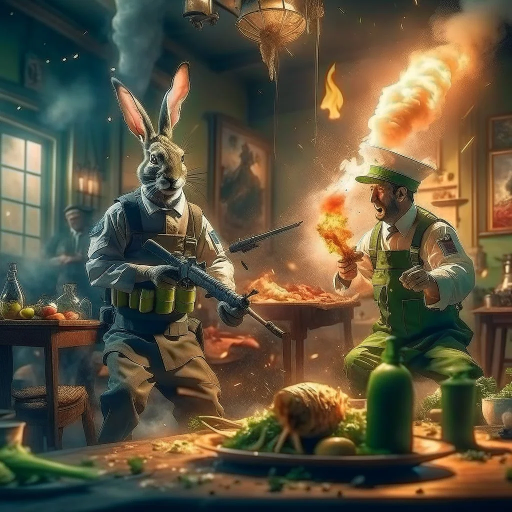 portrait of crazy cook and army officer shooting food with bazooka inside grove with huge fluffy levitating yoga hare with nightmare mutations getting blasted by explosions, 4 k, down-light, soft light, depth of field, photo realism, trending on art station, high detail, spray paint