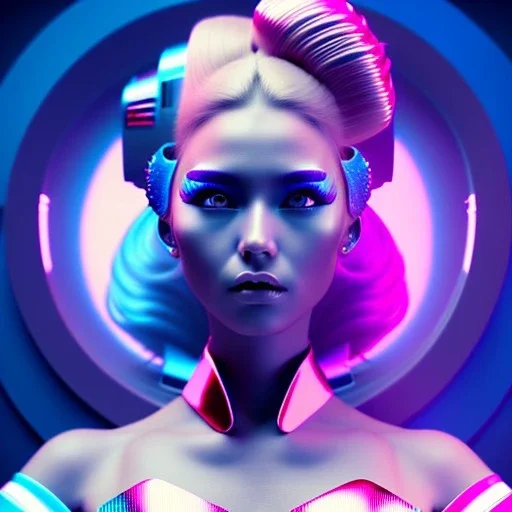 blonde woman, geisha, retro futuristic, latex dress, gradient color, BLUE, PINK, CYAN, neon, insanely detailed, 16k resolution, perfect eyes, cinematic smooth, intricate detail