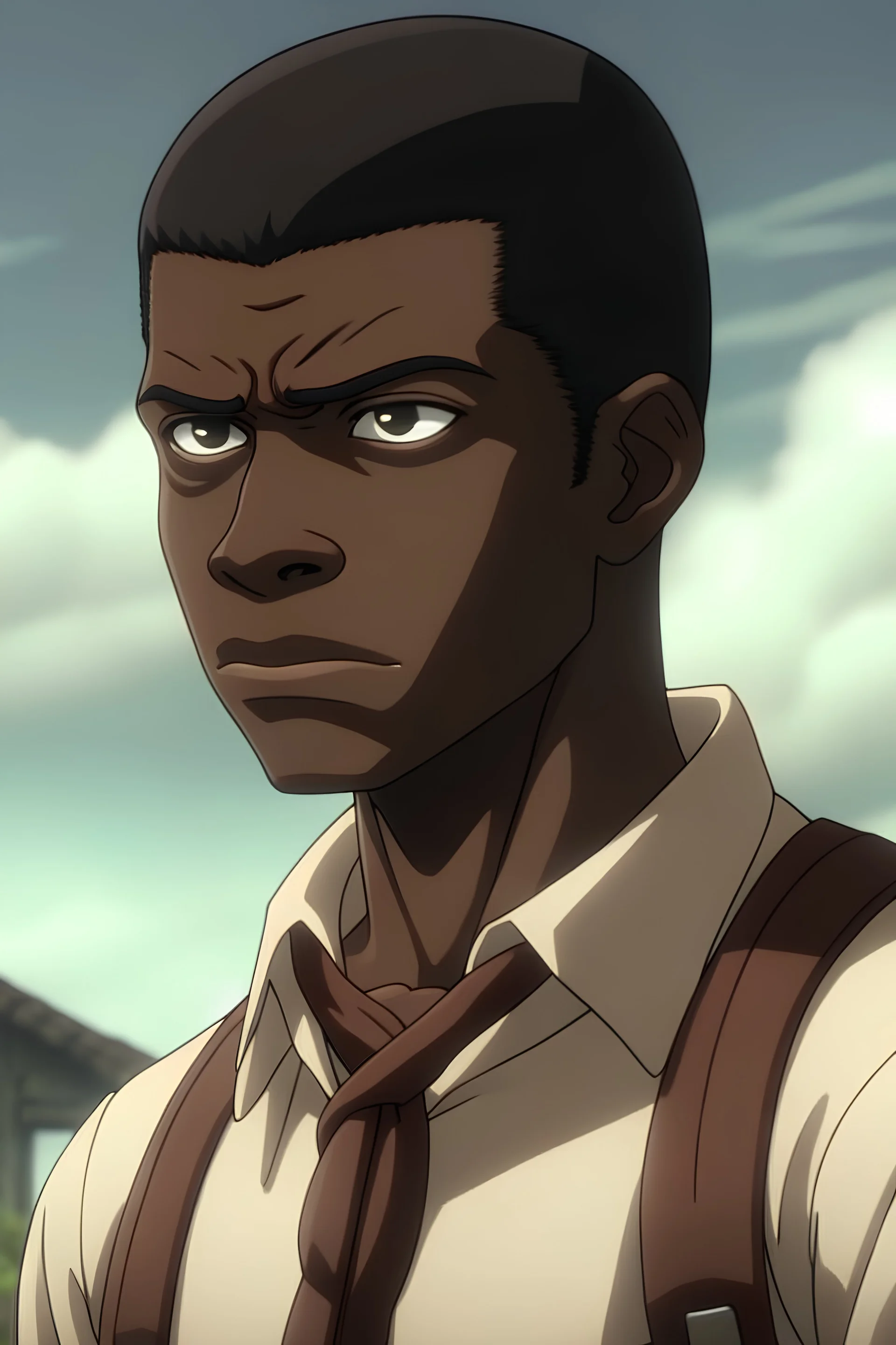 Attack on Titan screencap of a african male with small body, short, Black straight short hair skin tone is black, eye color is black , face shape is armin-like face, Scenery is (beautiful, intense, warm, nighttime, etc.). He is wearing a (outfit of choice). (WIT/MAPPA) Studios (season 1, season 2, season 3, season 4) screencap.