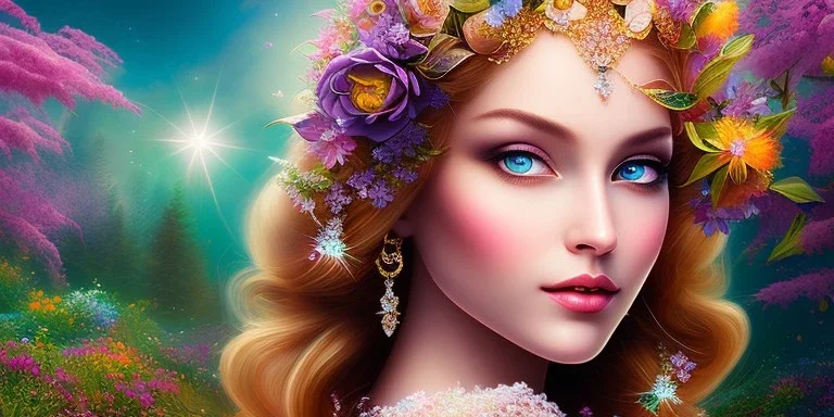 bright fairy, beautiful portrait, flowery landscape