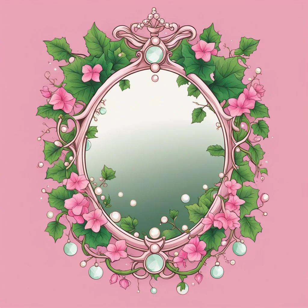 Create an Artwork of a Mirror with ivy branches and pearls necklace, Like a creative Logo for a Varasity Jacket to put a random number uin it, Vector illustration. Colors should be pink and green