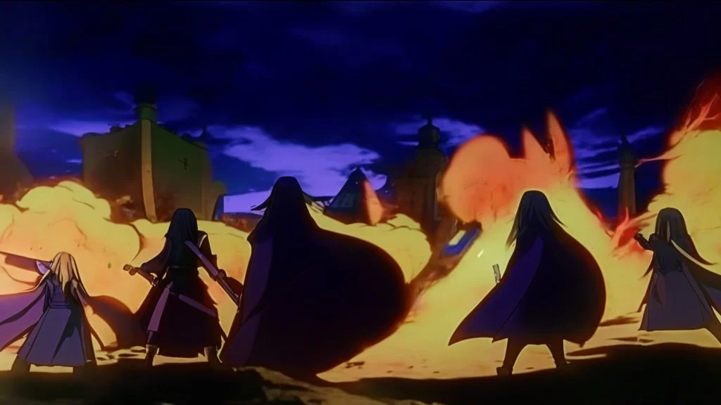 Adventurer party of four people, standing before a dark castle
