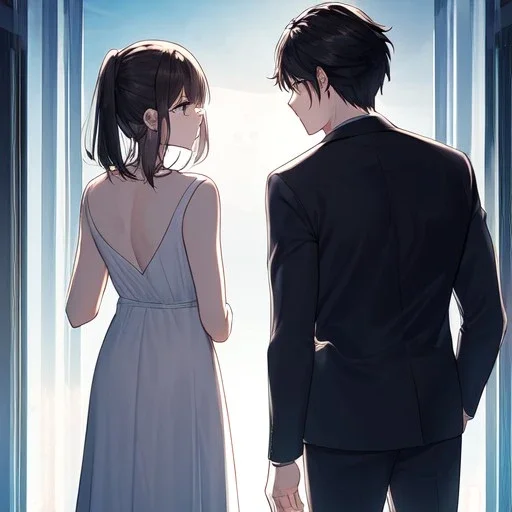 anime couple with day on one side night on the other, stormy night on one half, sunny day on the other half,ballancing scale, couple is standing back to back, girl in white dress, man in black suit