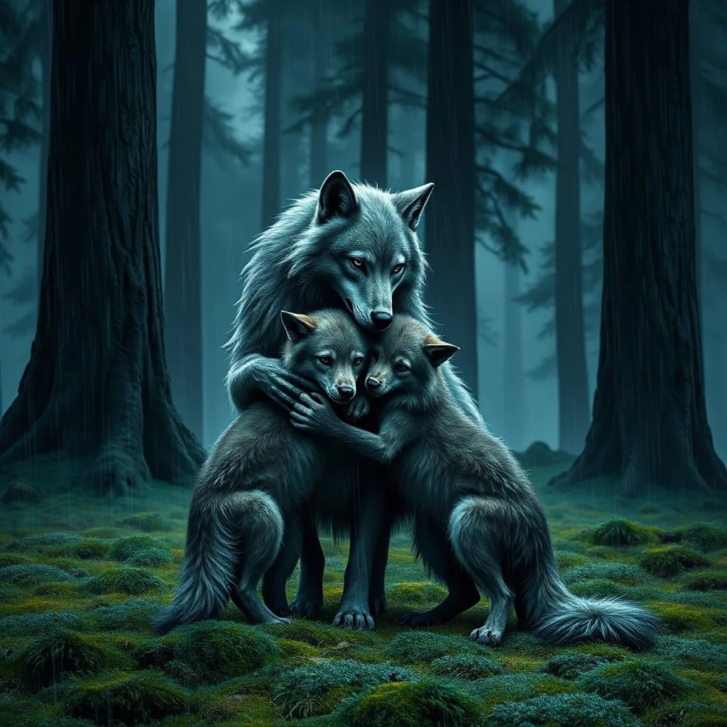 digital art from anthropomorphic wolves family, one gray bodyhair anthro wolf-woman hibrid hugs her two anhtro wolf-kid child on field, in background tall trees wirh big trunks, rain, down on blue-green moss, hug each other , rainy day, high contrast, high detalied, atmospheric, dark fantasy, sci-fi mood