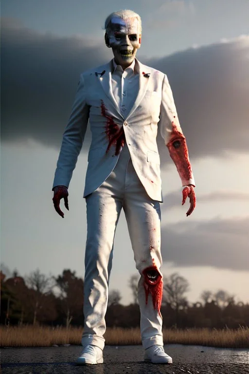 Ultra realistic image, joe biden zombie, zombie performance, suit, skull, blood, torn arm, night, walking twisted, waist up view, thriller style, dark ambient, highly detailed, White House background, concept art, unreal engine 5, god rays, ray tracing, RTX, focal lighting, ultra detail, volumetric lighting, 3d, finely drawn, high definition, high resolution.