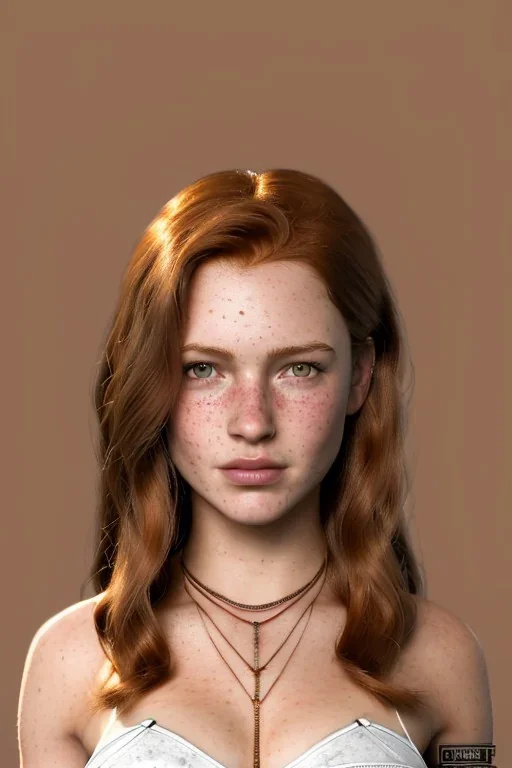 concept illustration, ultra-realistic, super-detailed, strikingly beautiful teen female, 16 years old, long ginger hair, medium freckles, full lips, full body, full face, b-cup breasts, athletic, centred camera, ignore NSFW, skimpy brown fantasy leather armor, halter top, thong, knee-high leather boots, stern expression