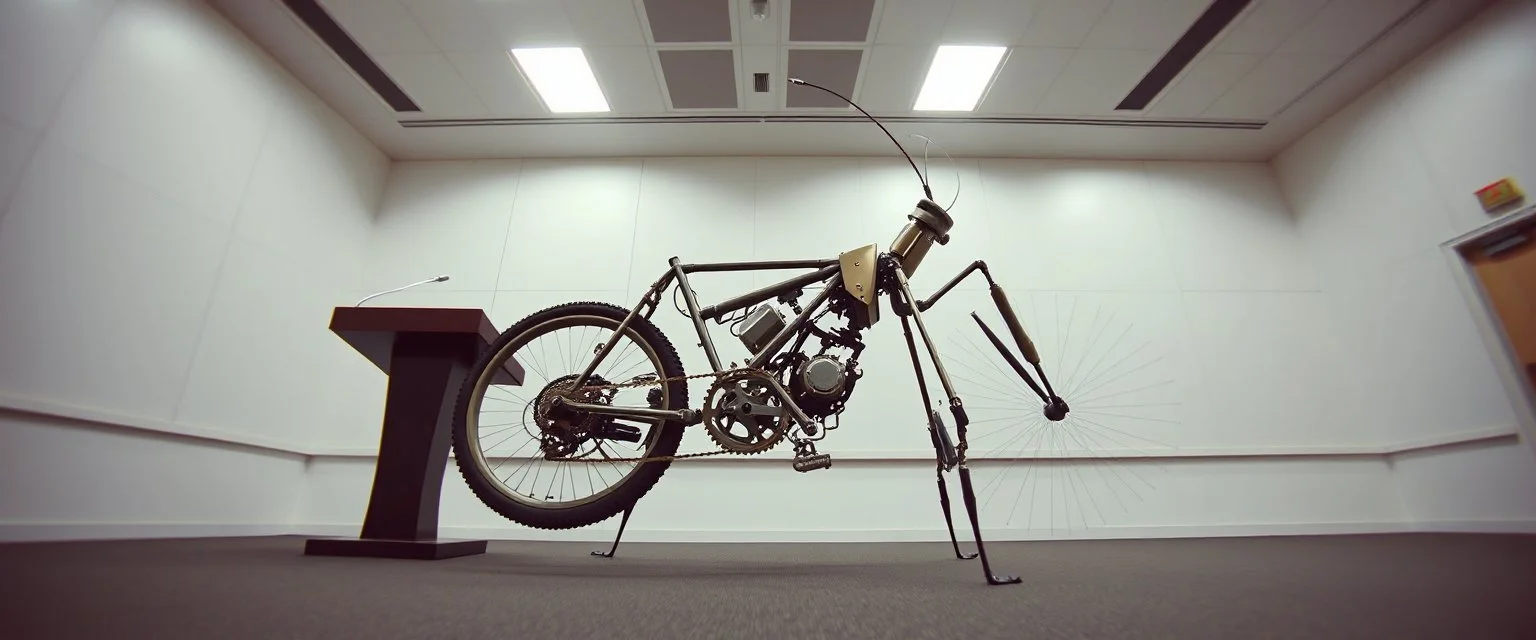 pinhole cam, airbrush and pen weird geometry sacred, airbrush 3d rendering, integrated_multimodal_description: [Shot 1] A five-second cinematic single take in a clean industrial presentation hall. A bizarre mechanically plausible bicycle machine stands beside a presentation podium, designed to look like a giant mechanical praying mantis. Two large bicycle wheels form its main body and four thin articulated mechanical legs support it. Two long folded mechanical front arms resemble mantis forelegs