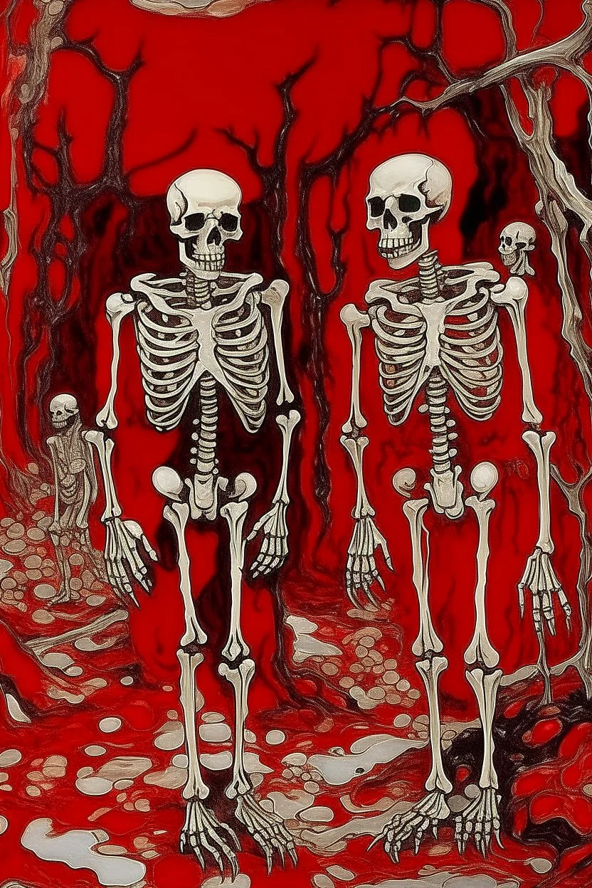 A red wasteland covered in bones painted by Jean Dubuffet