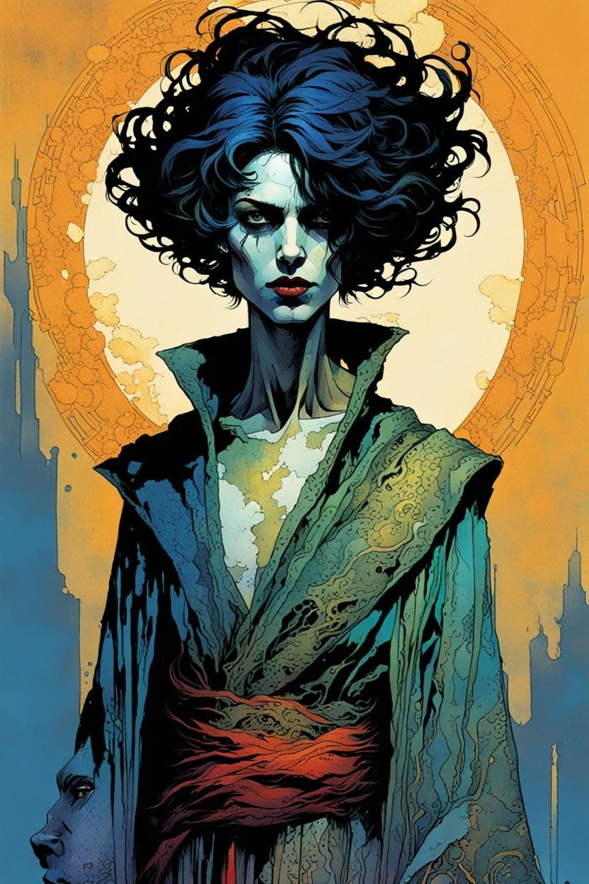 create a wildly imaginative full body portrait of an ethereal, otherworldly , gnarled and emaciated ancient antediluvian female vampire sorceress with extremely short hair in ragged , decayed ornate robes , in the comic book art style of Bill Sienkiewicz, Mike Mignola, and Jean Giraud Moebius, with highly detailed feminine facial features , finely drawn, colored and inked,