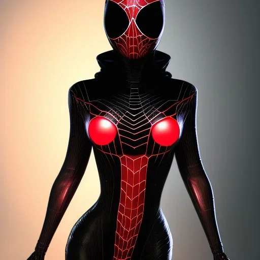 This spider woman is a formidable sight to behold, with the body of a human woman and the head and legs of a spider. She is dressed in a sleek black and red leather suit, with a hood that covers her spider head. Her skin is covered in shimmering black scales, and her eyes glow a bright, otherworldly green. She is fast and agile, able to climb walls and ceilings with ease. She has venomous fangs and sharp claws, and she can spin webs of magical energy to ensnare her enemies. She is intelligent an