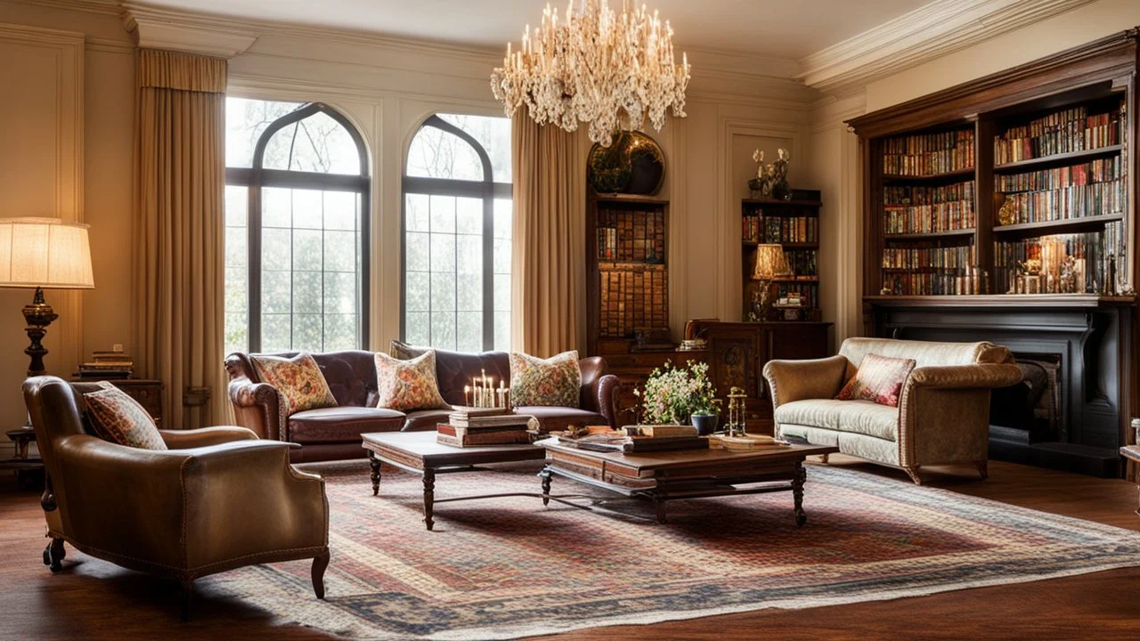 A vintage-inspired living room with an antique sofa and armchairs arranged around a wooden coffee table. The room features a single, ornate fireplace with a mirror above the mantel, a richly patterned rug on the floor, and shelves filled with vintage books and knick-knacks. There are heavy drapes on the windows and vintage lamps providing warm light. Beautiful award-winning photograph, 30mm focal length, adjust perspective, rule of thirds, balanced delightful composition, perfect light