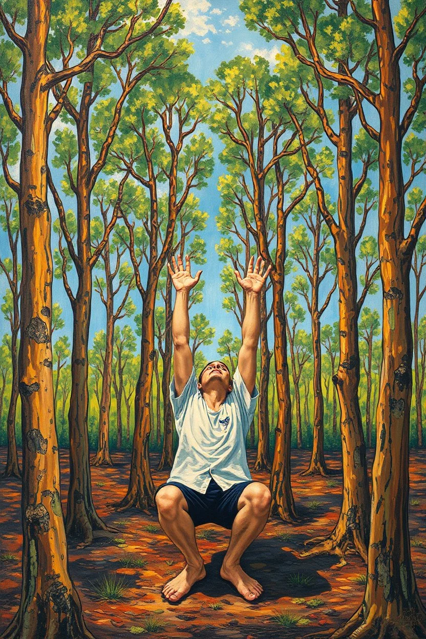 Human are planted in the ground like trees with hands up and looking at the sky. Busch painting style