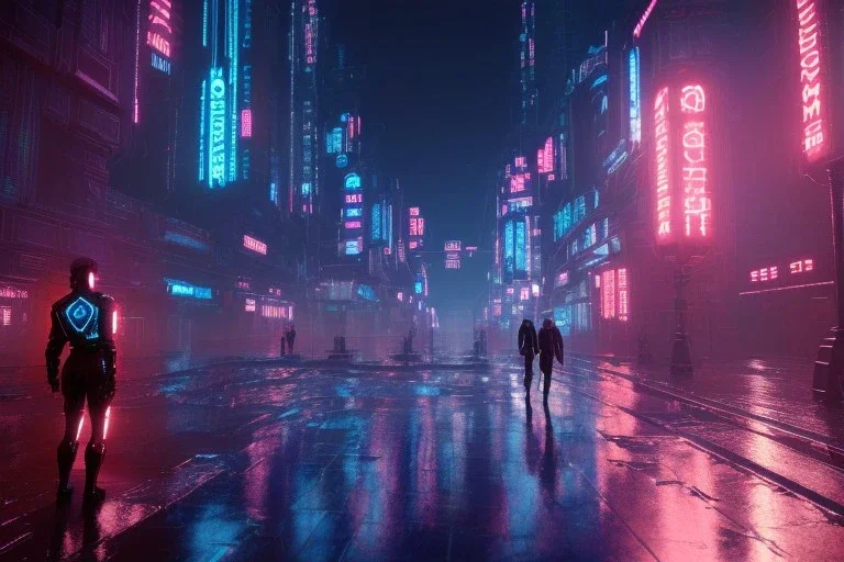 3D, beautiful, light reflecting, empty future city at night, rainy night, neon, cyberpunk, tron, one cyborg walking, 8k, finely detailed, photo realistic