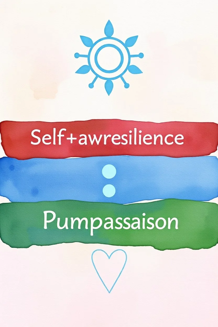 Self-Awareness, Resilience, Balance, Purpose, Compassion represented as symbols pastel water colors