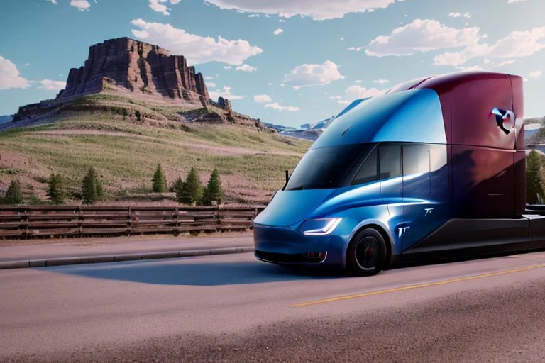 A Tesla 'Semi' (semi truck) is parked, near the 'Devils Tower' in Wyoming. (CINEMATIC, WIDE ANGLE LENS, PHOTO REAL)