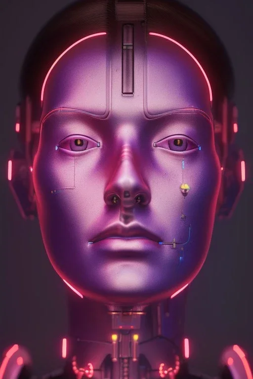 a cyborg watching a mural in a museum art gallery, purple shining lights, octane render, detailed