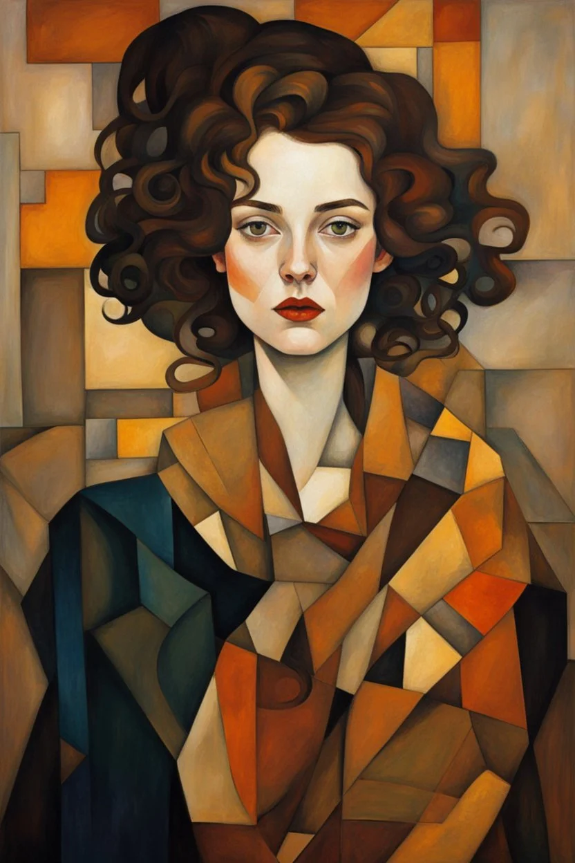 Woman in the cubism style of argon Schiele + Gustav Klimt. Rich, lovely colors, full cubism style