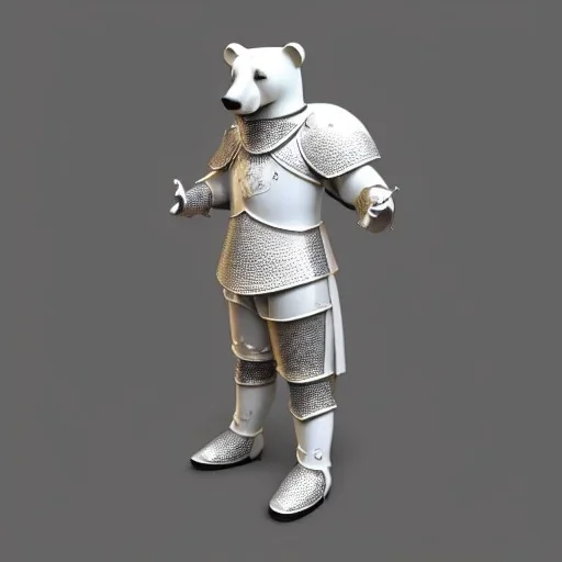 Un ours blanc, réaliste, habillé en chevalier, anthropomorphique, très détaillé, représentation 3d, un maximum de détail