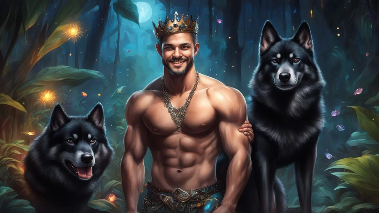 Hyper Realistic handsome muscular young king smiling & standing with his black husky in a dark mystical jungle at night with fireflies & colorful crystals