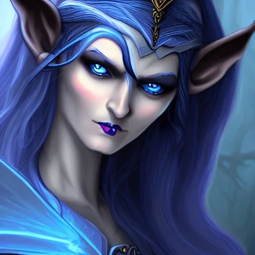 dungeons and dragons character, female half-elven sorcerer wearing a dark blue dress with long black hair, dark blue eyes, and mysterious facial expression, close-up, realistic