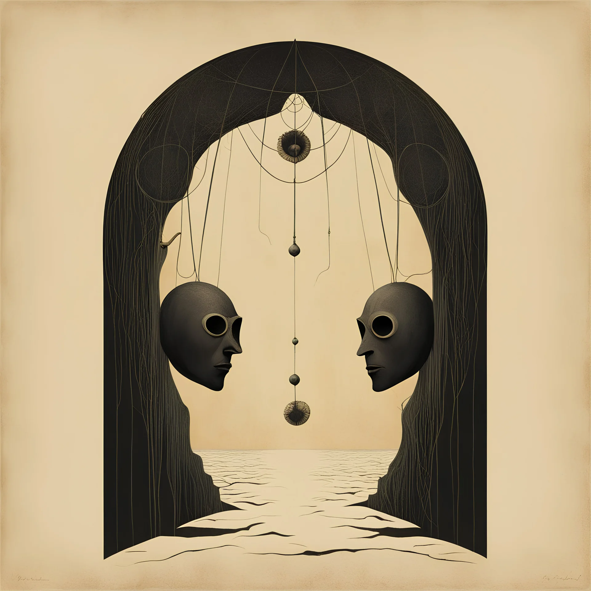 Surreal style by Alessandro Gottardo and Max Ernst and Zdzislaw Beksinski, surreal circus shadow masks a dark shine hole in the soul, everything has a glass body, warm colors and cold hues, eerie, neo-surrealism, creepy, concept art