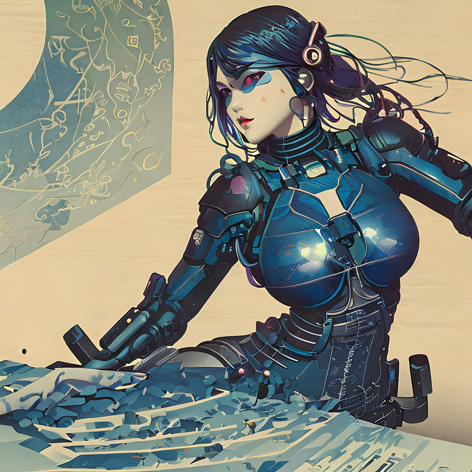 beautiful cyberpunk huge girl, hyperdetailed, illustration by Katsushika Hokusai, darkblue tones,