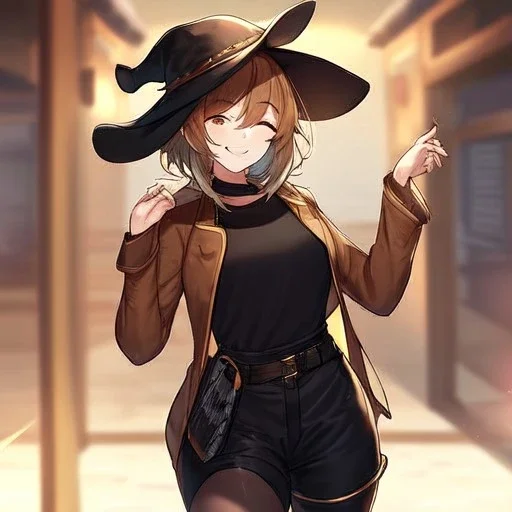 Clear focus, High resolution, short brown spiky hair, hair between eyes, eyes closed, wearing a brown detective hat, wearing a brown jacket and a black shirt, wearing black shorts, 1girl, pulling hat down, smiling